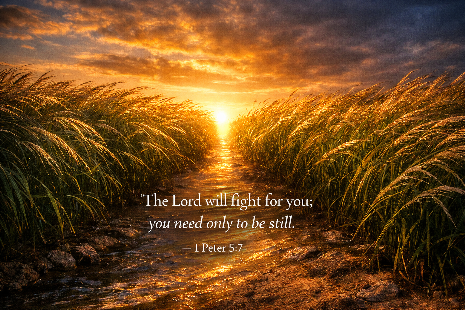 Exodus 14:14 Bible verse wallpaper - The Lord will fight for you you need only to be still - golden path through parting tall grass at sunset
